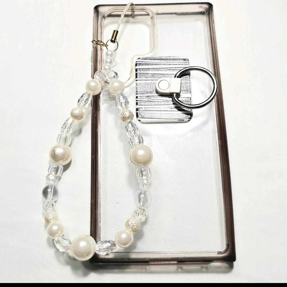 Faux Pearl and White Iridescent Girly Dainty Beaded Phone Charm Wrist Strap